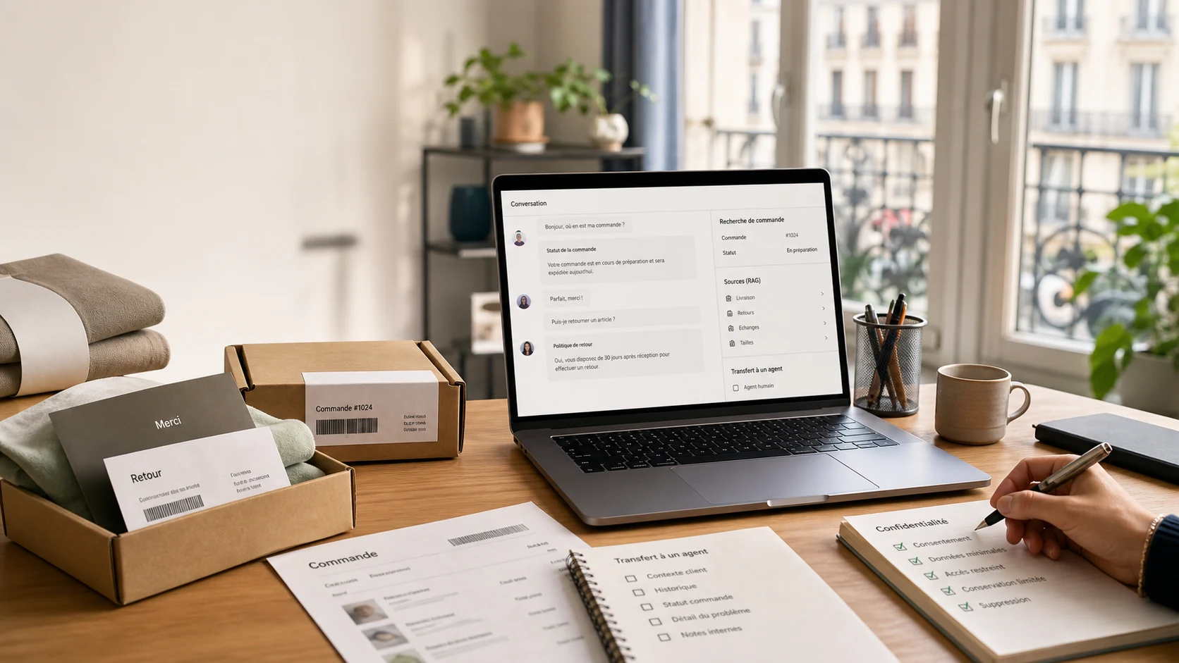 French ecommerce support desk with AI chat, order records, RAG notes, return policy checks, and human handoff workflow