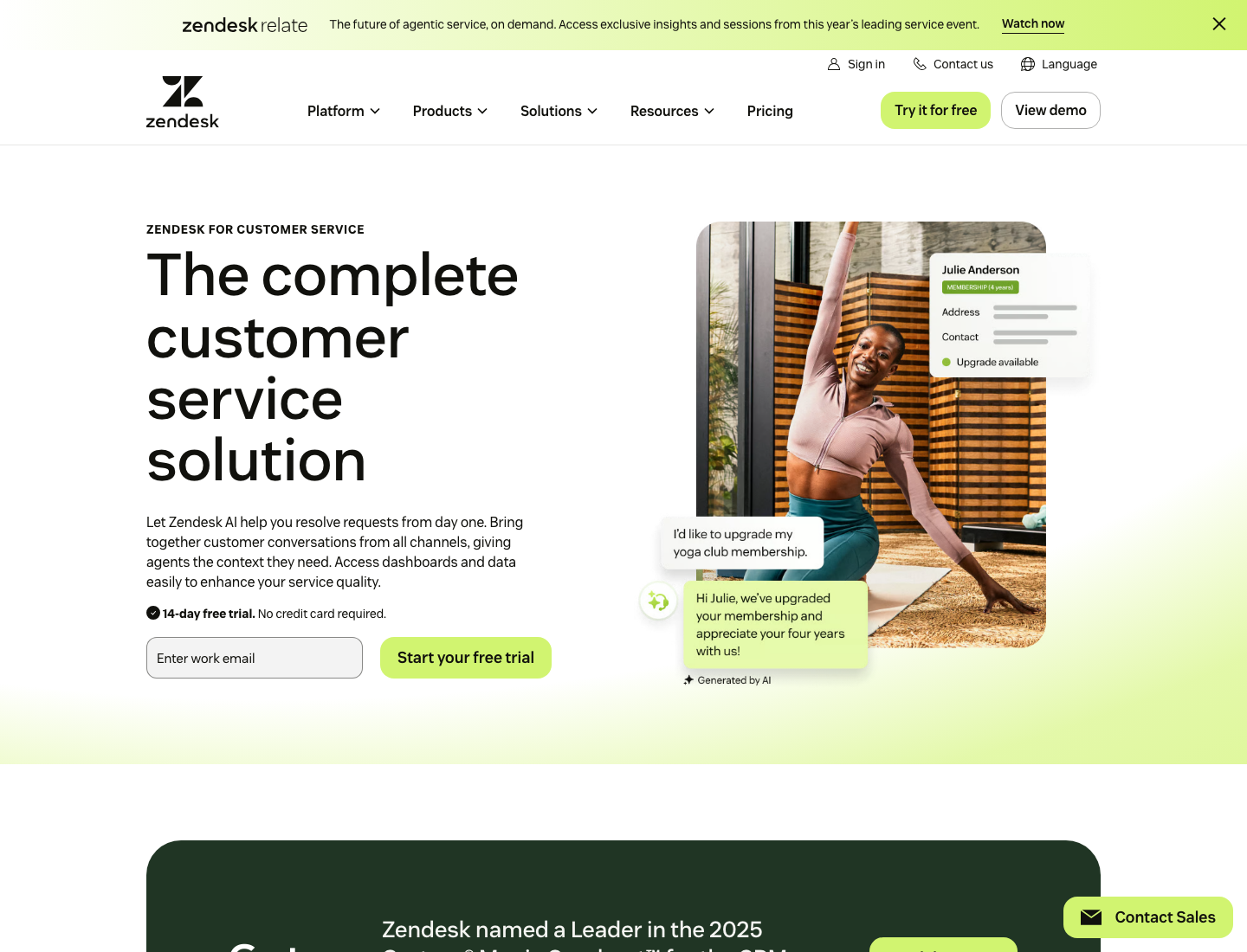 Zendesk landing page screenshot