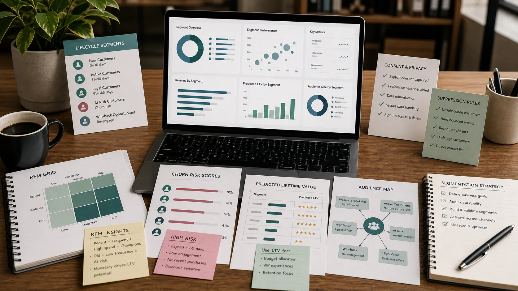Ecommerce customer segmentation desk with lifecycle segment cards, RFM grid notes, churn risk cards, predicted LTV worksheet, consent notes, and campaign audience map