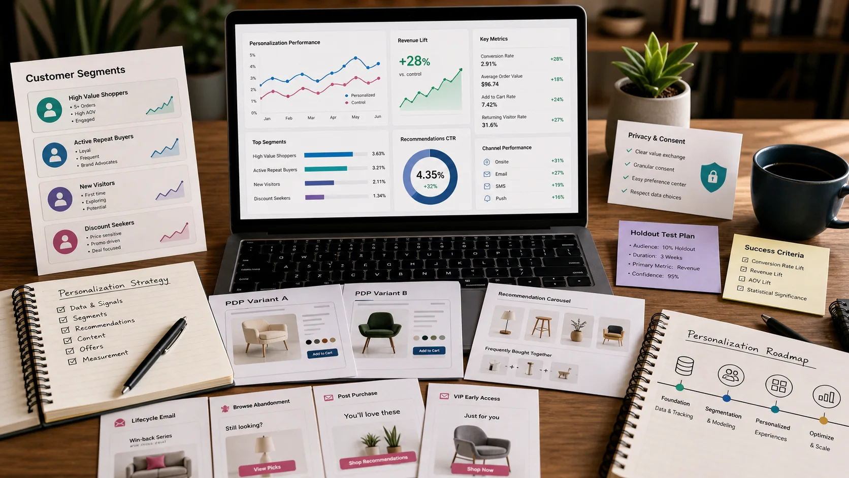 Shopify personalization strategy desk with customer segment cards, product page variant wireframes, recommendation mockups, consent notes, and holdout test worksheet