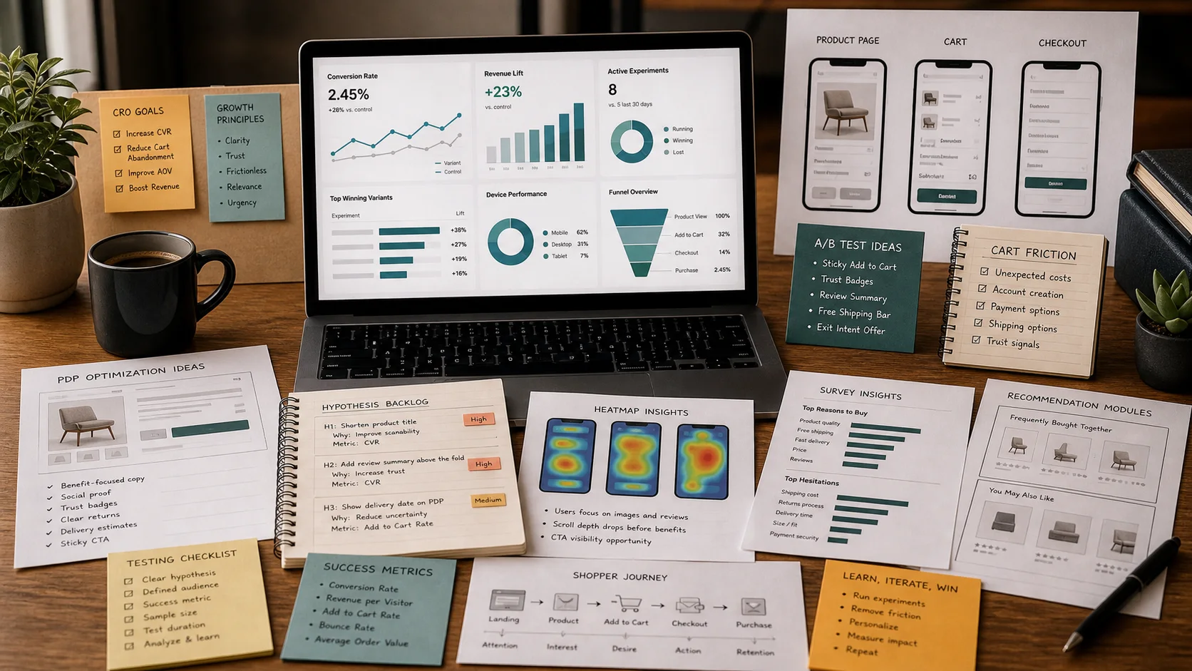 Ecommerce conversion rate optimisation desk with product page sketches, mobile checkout wireframes, heatmap cards, A/B test hypotheses, and cart friction notes