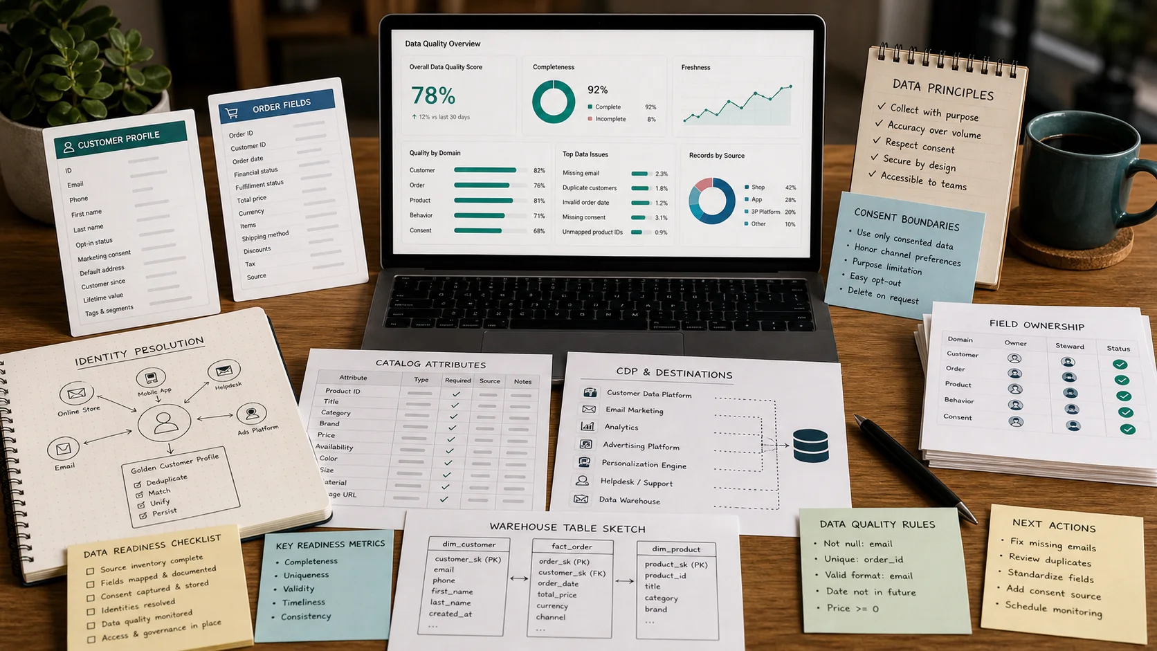 Ecommerce customer data readiness desk with customer profile cards, order field cards, catalog attribute sheets, consent boundary notes, CDP connector cards, and field ownership checklist