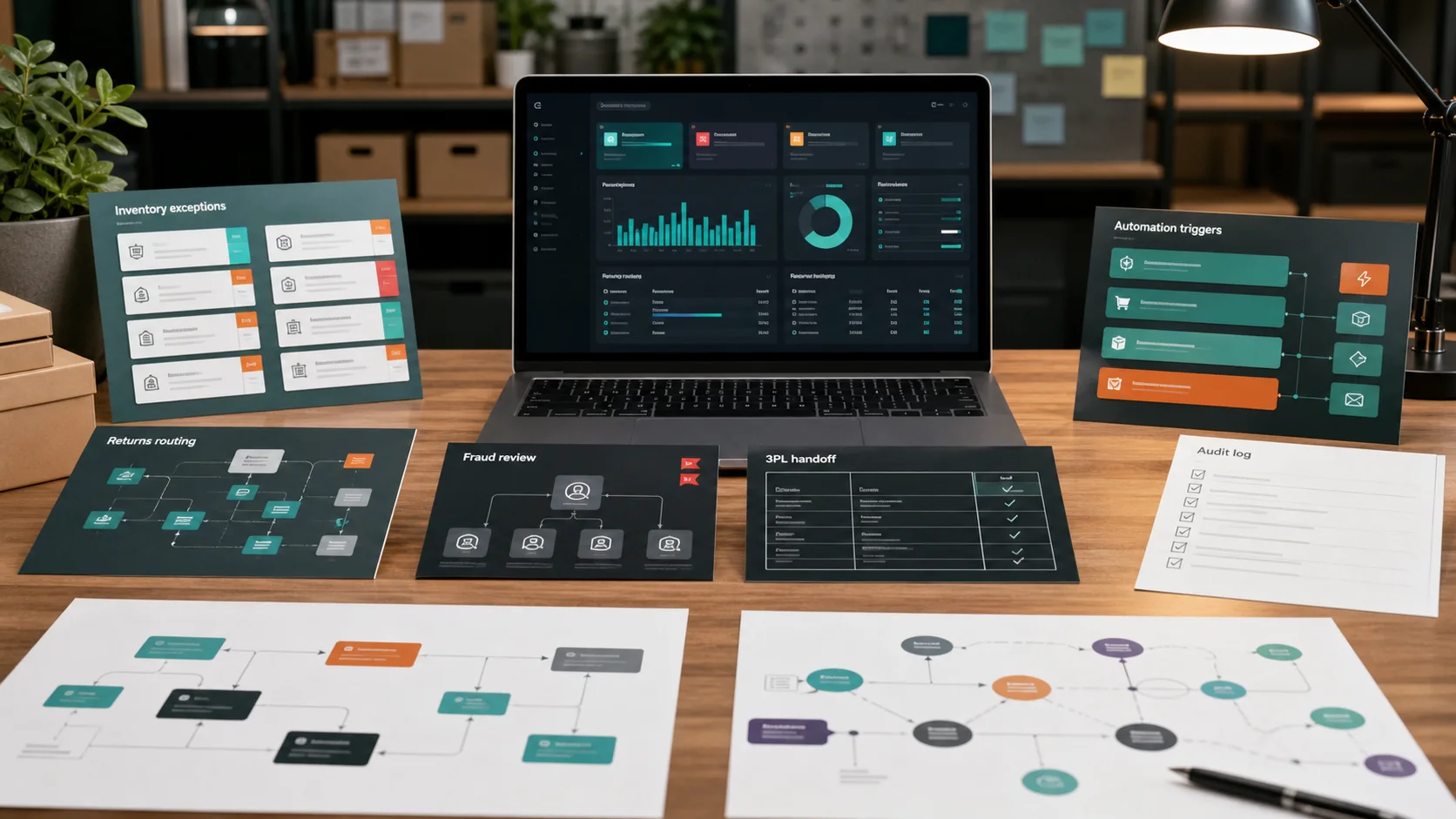 Ecommerce operations automation desk with inventory exception cards, returns routing notes, fraud review flags, 3PL handoff sheets, workflow maps, audit log checklist, and automation dashboard