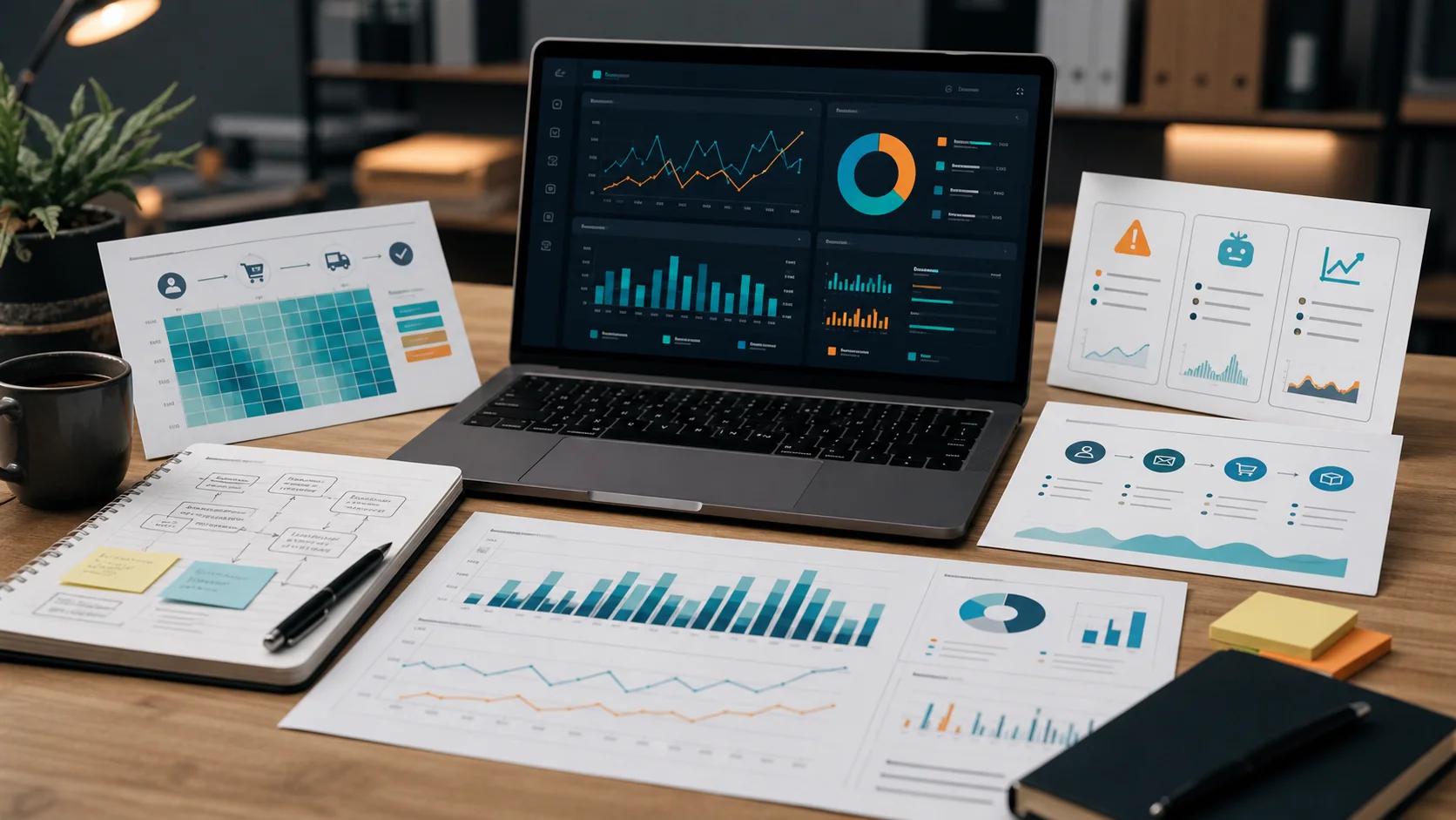 Ecommerce analytics operations desk with cohort reports, attribution notes, revenue charts, marketing channel cards, anomaly alert cards, and customer journey notes