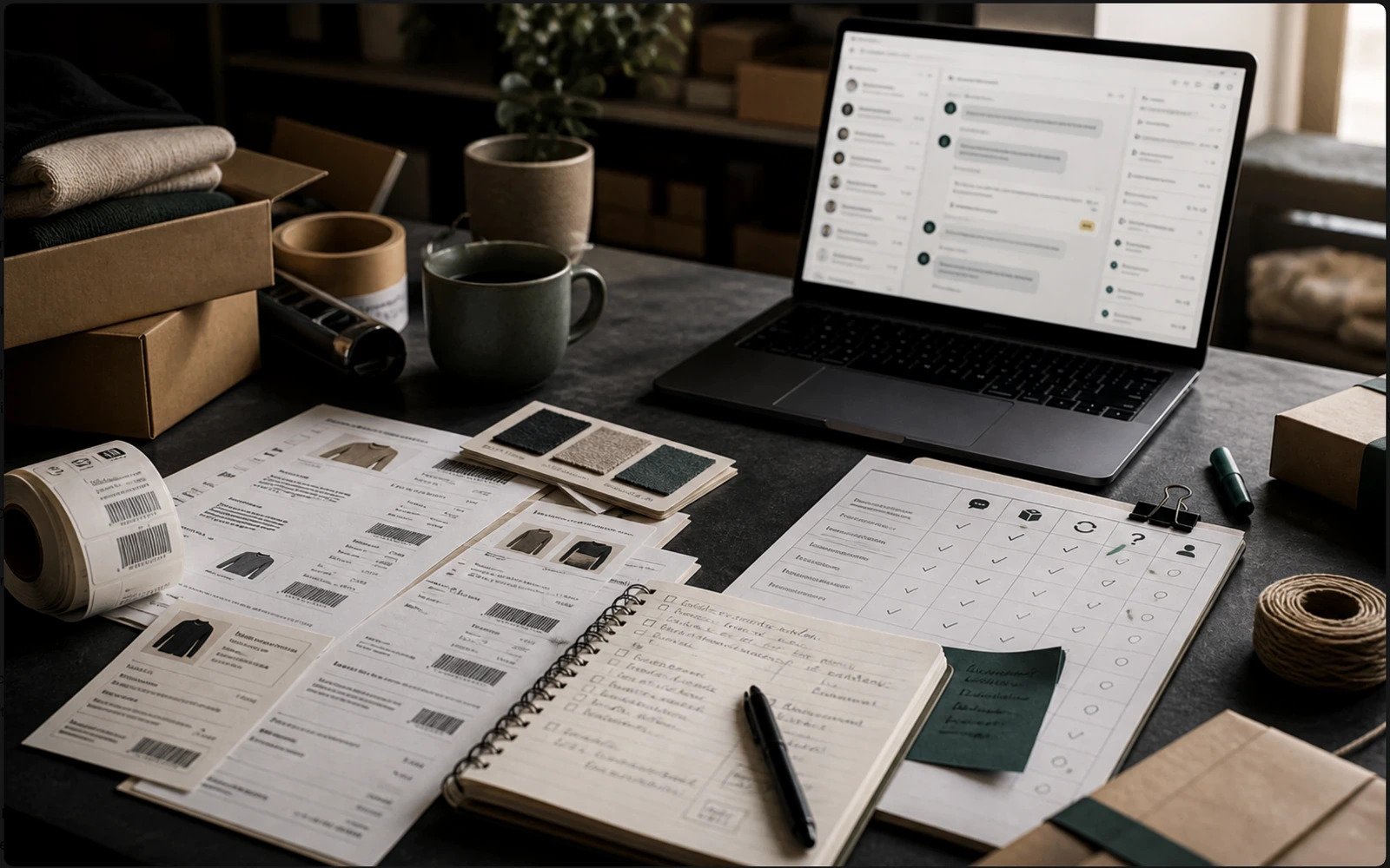 Shopify helpdesk shortlist workspace with order slips, product cards, support inbox, labels, and evaluation checklist