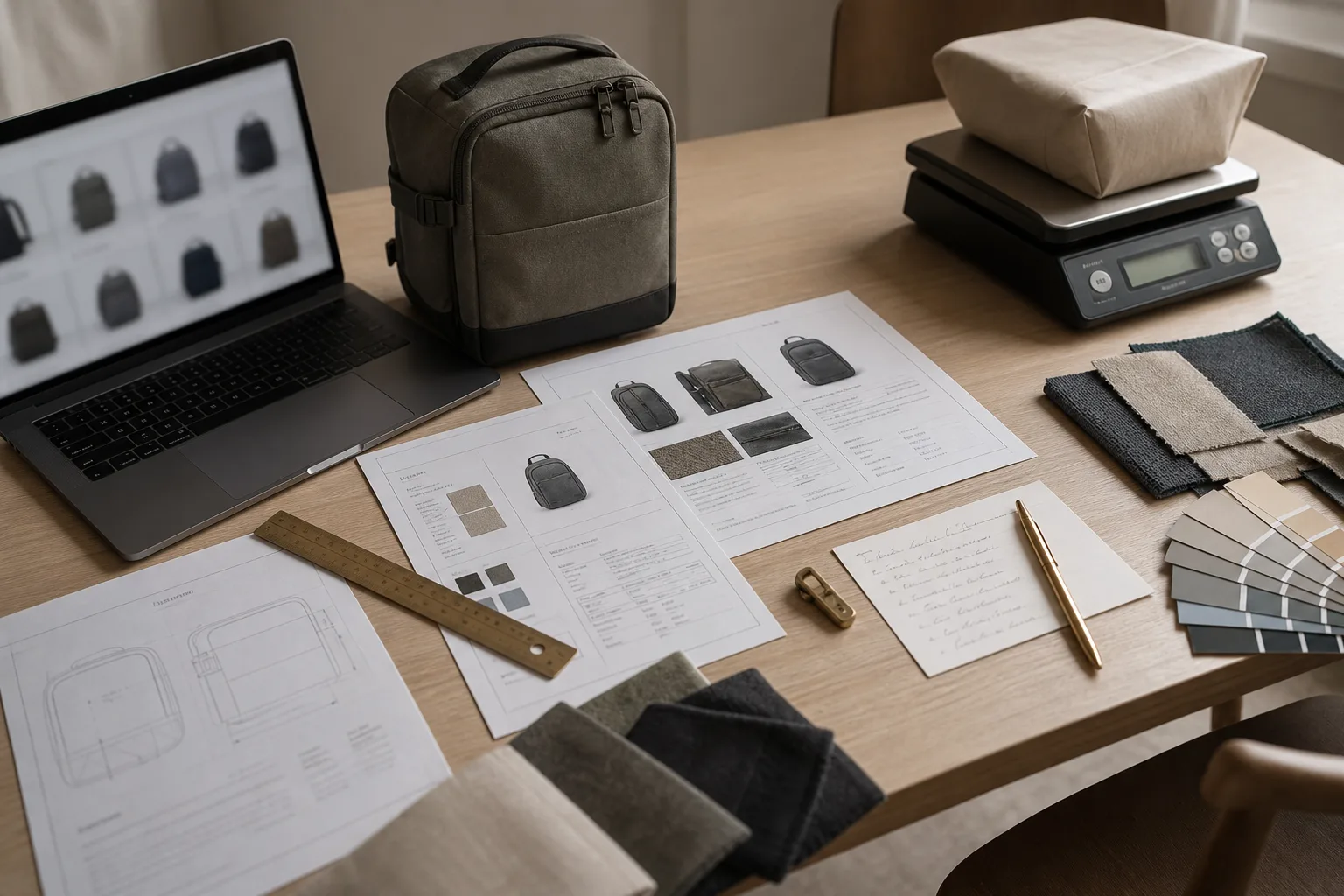 Ecommerce catalog operations desk with product spec sheets, a backpack, fabric swatches, and a laptop for a Google AI Mode feed audit