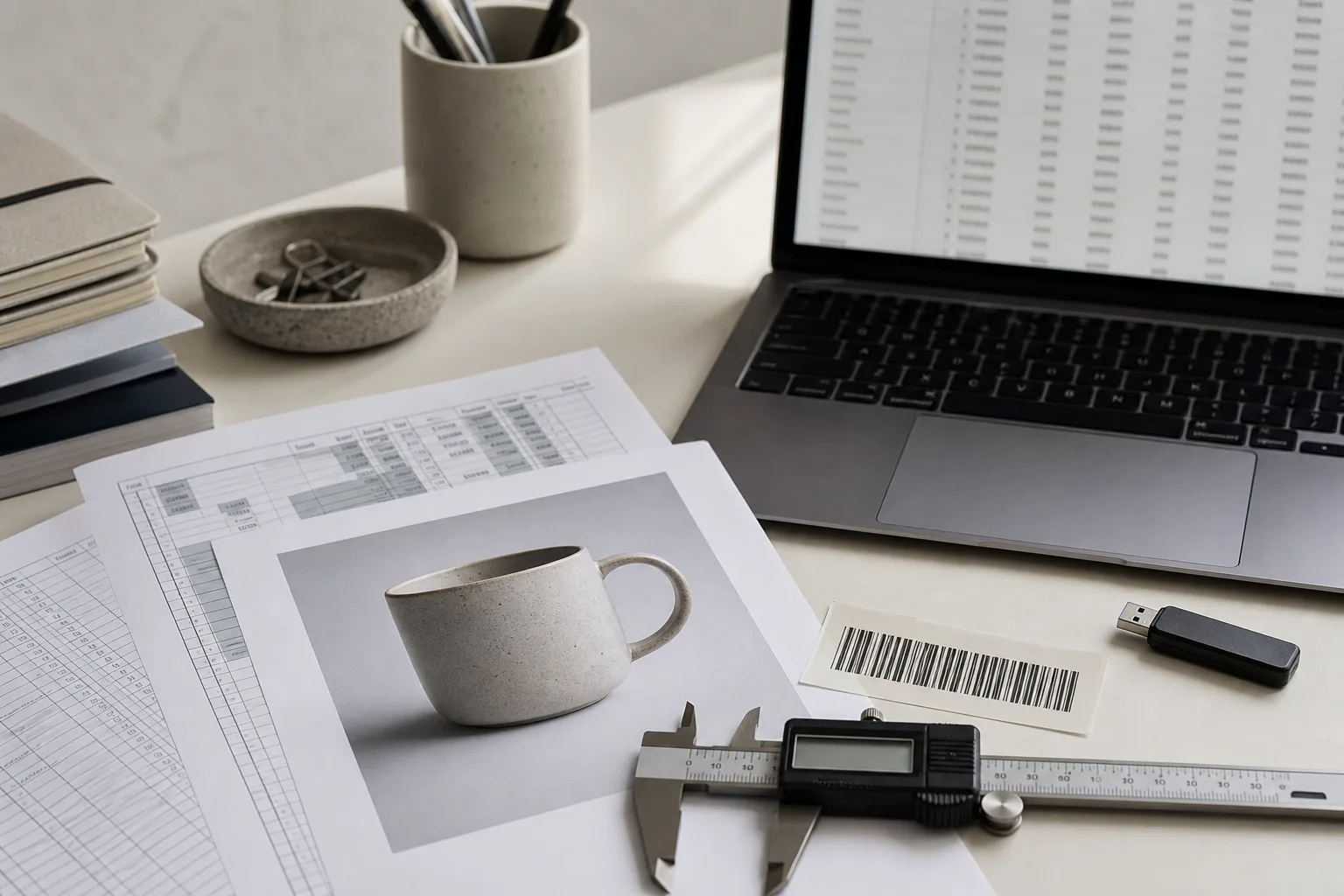 Product-feed operations desk with a printed attribute grid, calipers, a ceramic mug, and a laptop