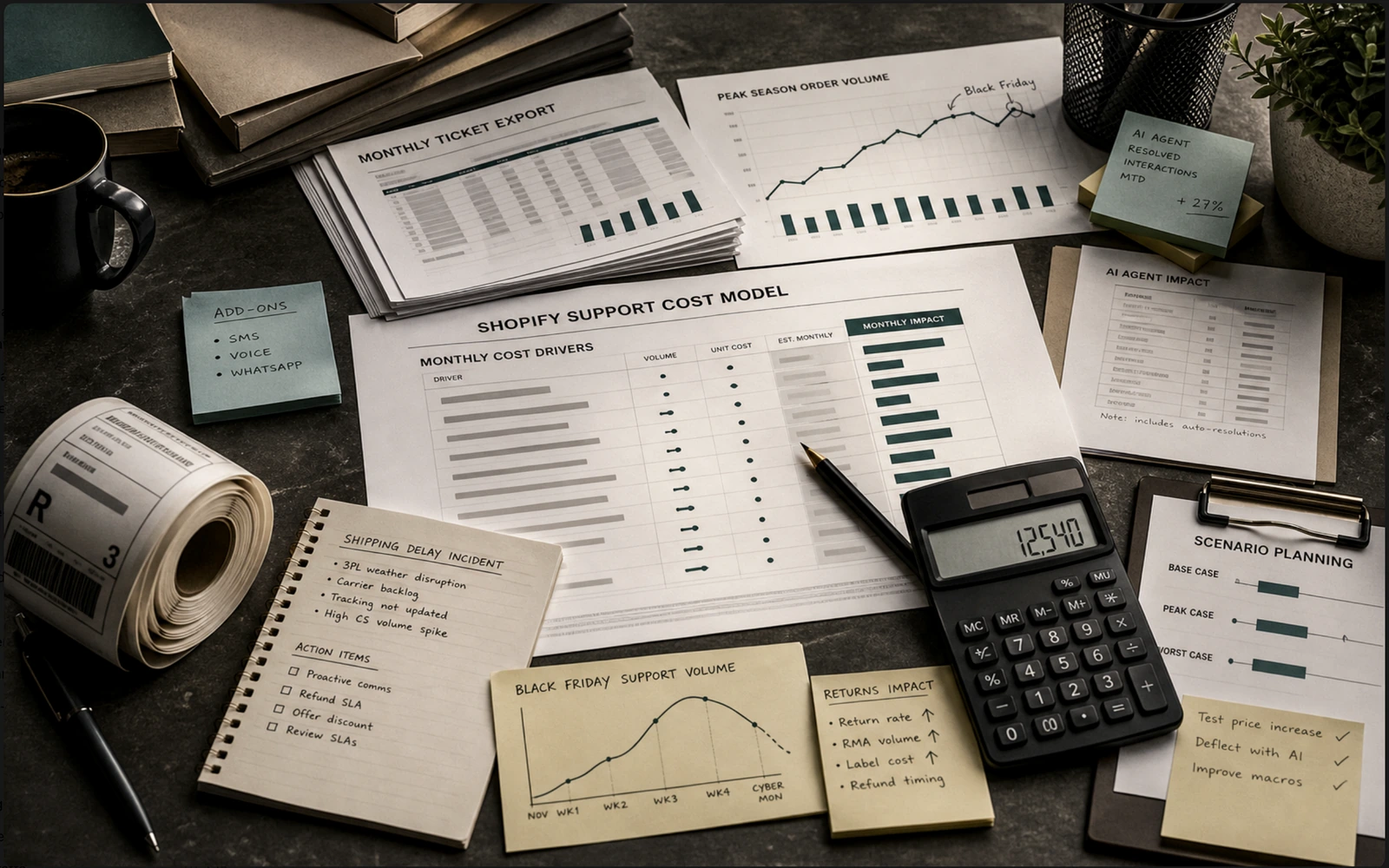 Shopify support pricing worksheet with ticket export sheets, cost grid, calculator, and volume chart