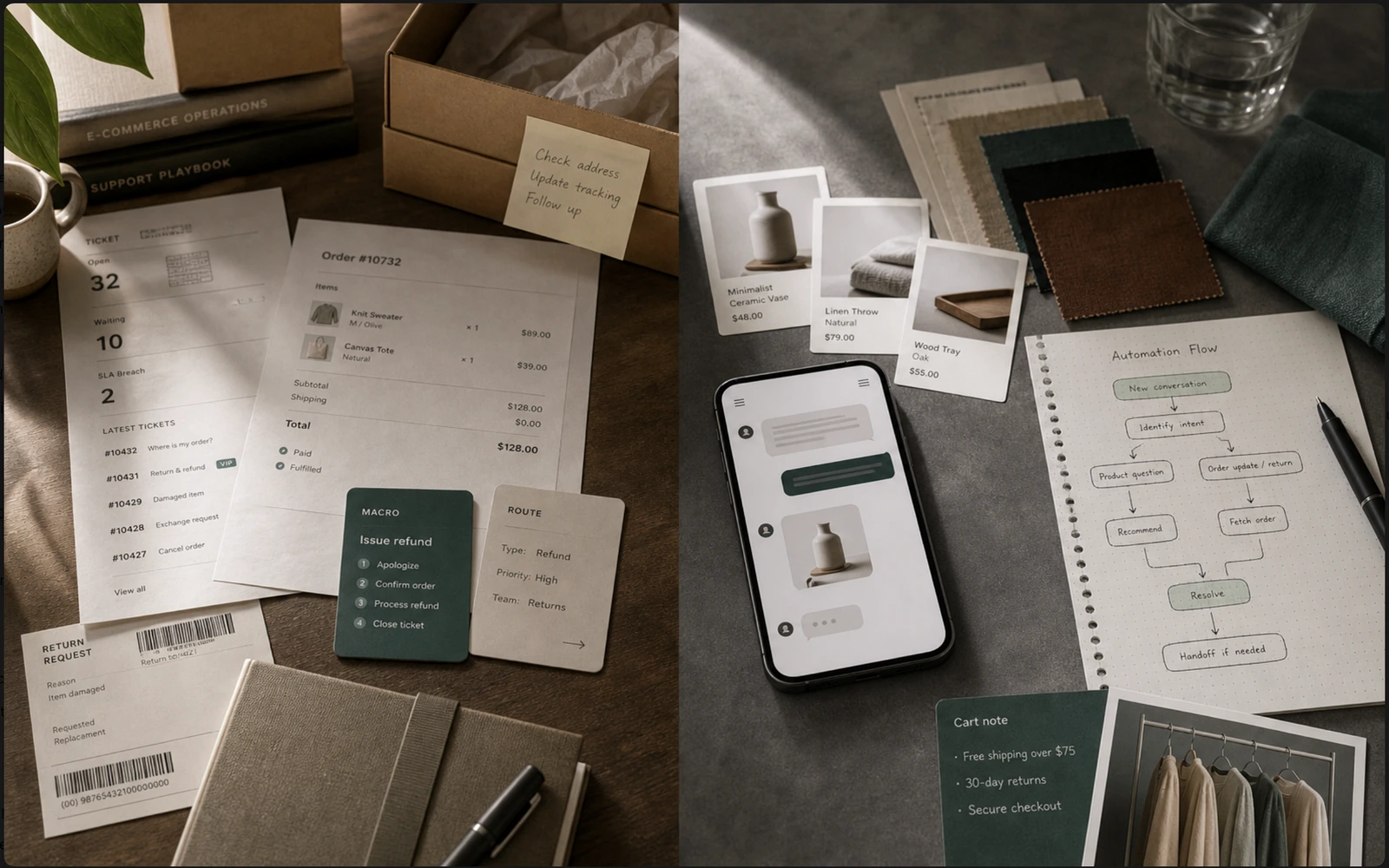 Two-column Shopify support desk comparing ticket queue cards with live chat automation cards
