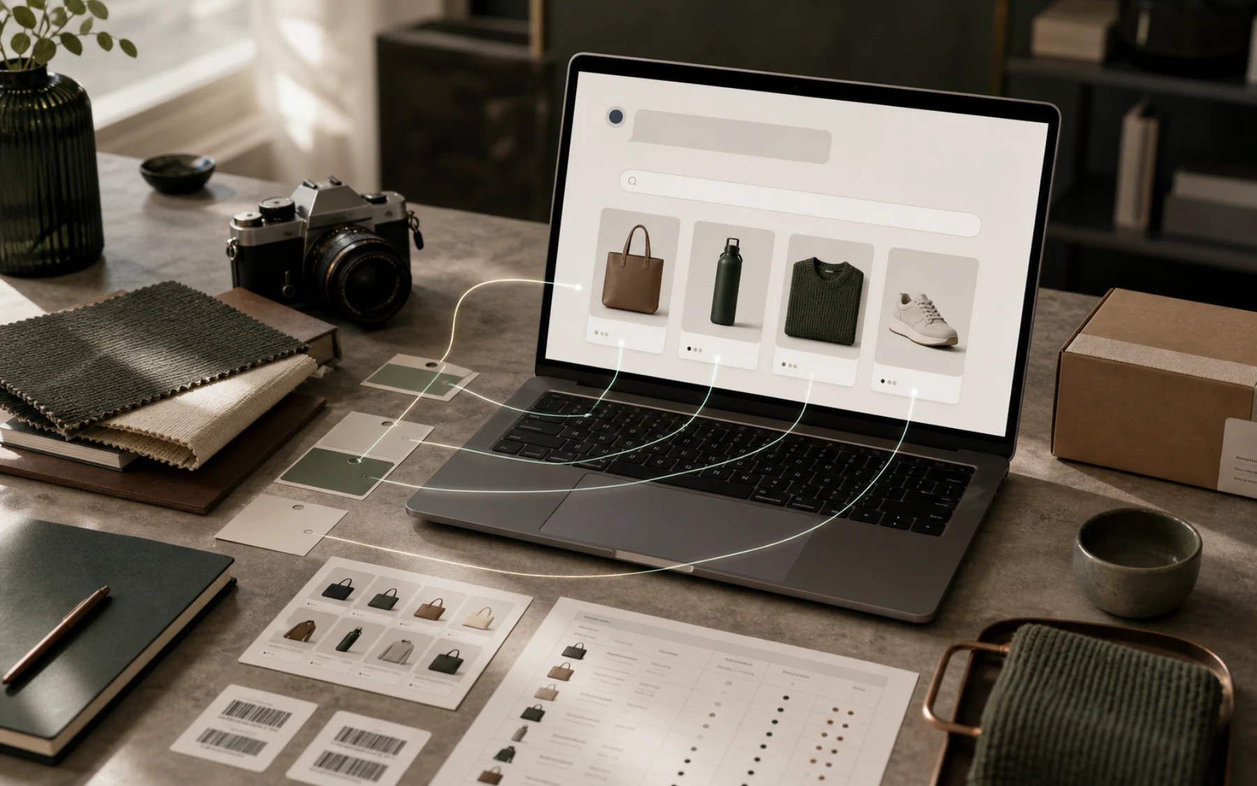 Ecommerce catalog operations desk connecting product variants, images and inventory records to an AI shopping results interface