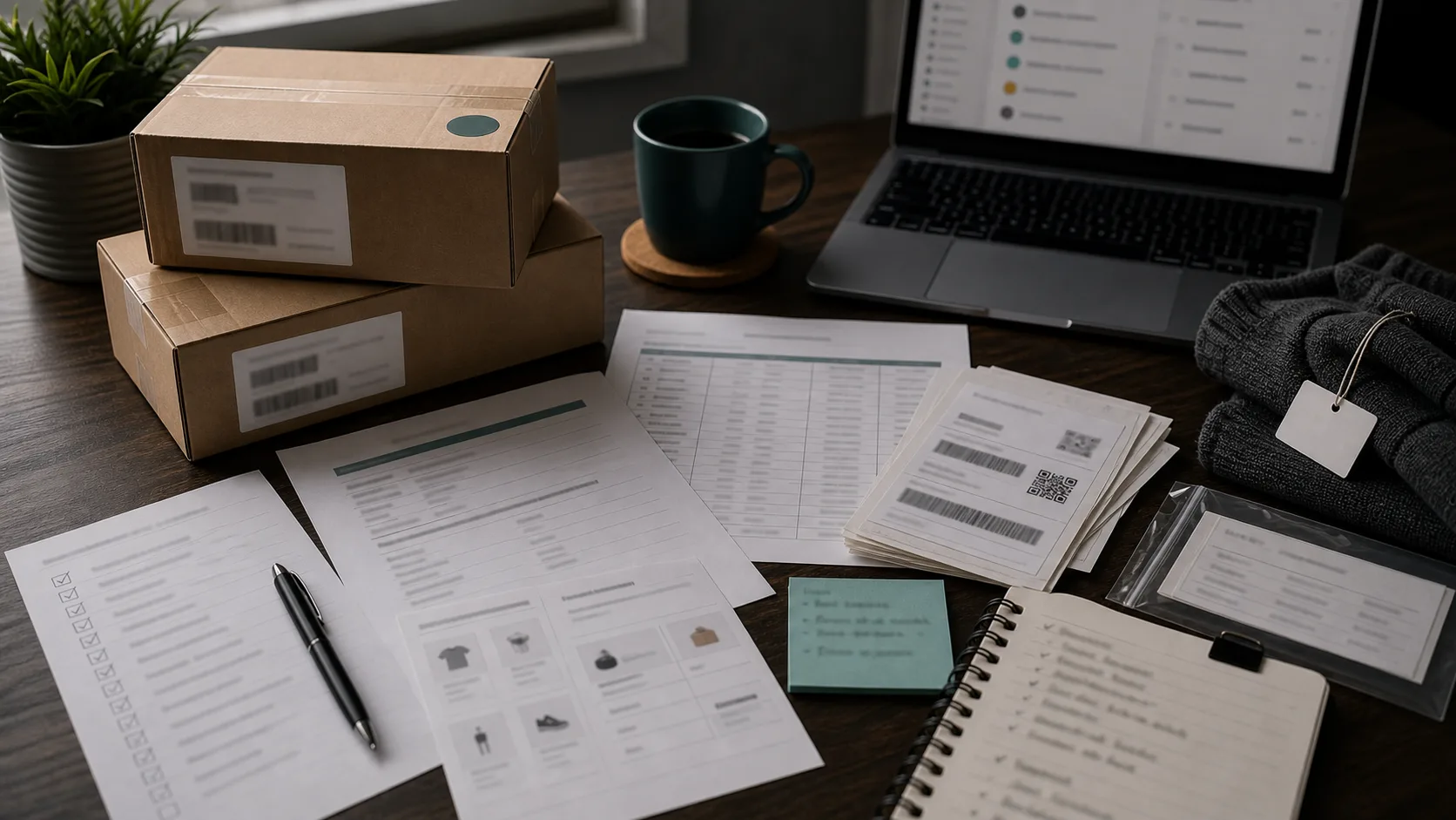 Shopify returns platform migration desk with exchange cards, refund worksheet, return labels, restock notes, and boxed returns