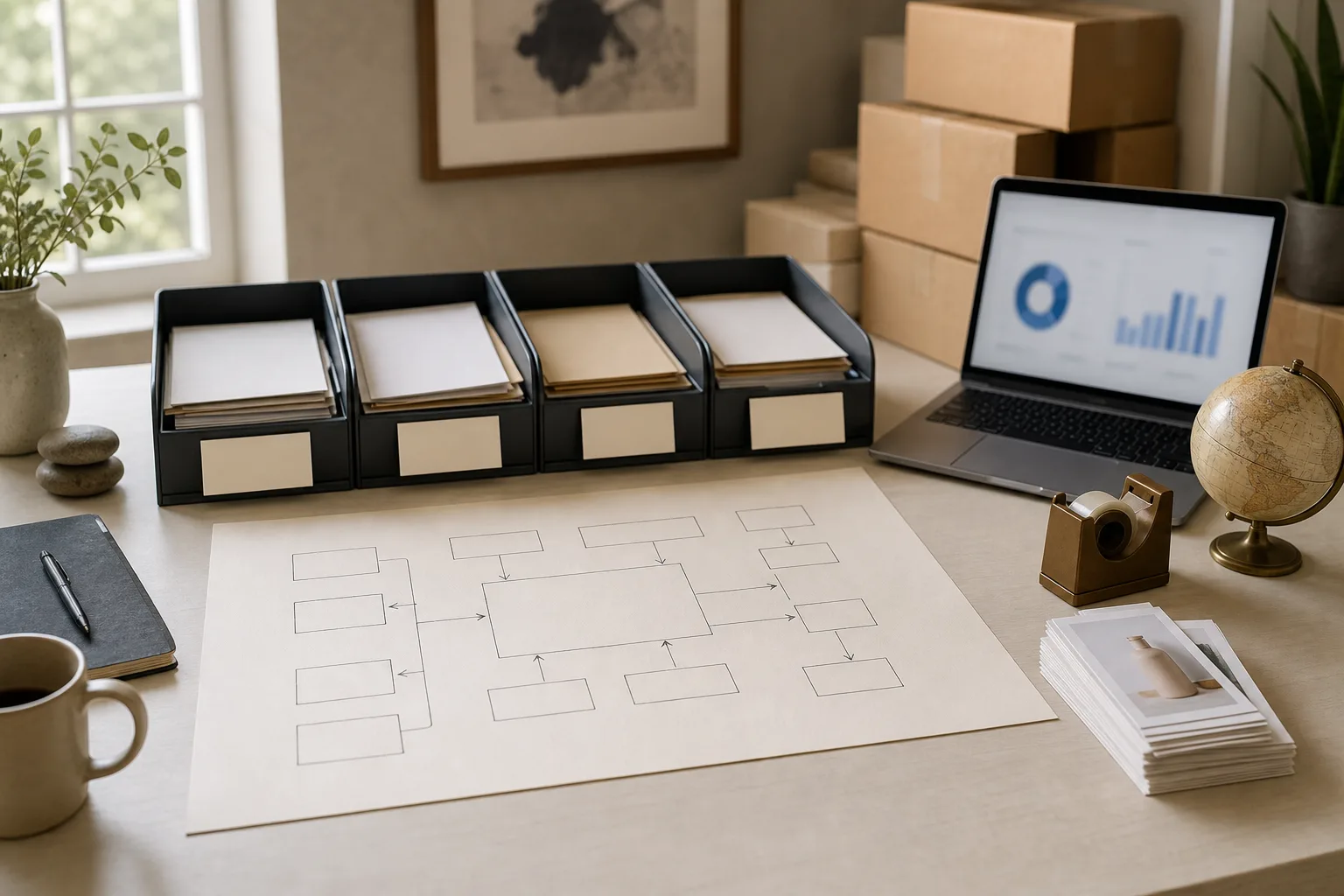 Ecommerce channel operations desk with a paper AI-storefront map, product cards, and a laptop