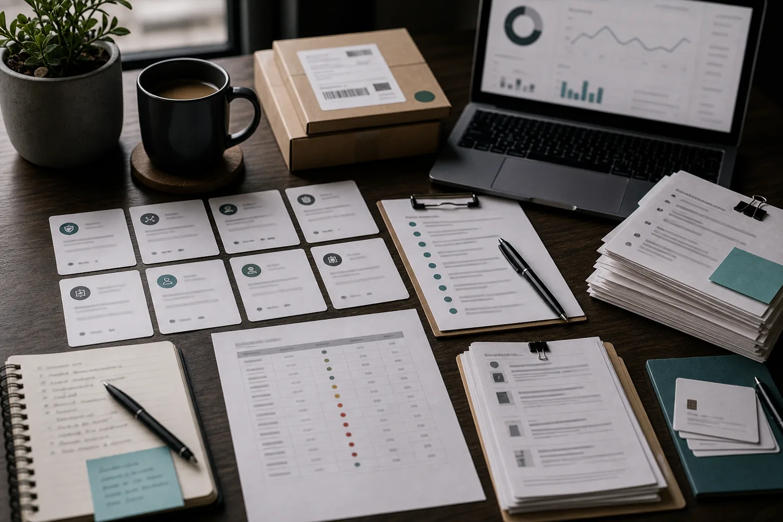 Fraud tool comparison desk with risk model cards, chargeback evidence packets, approval-rate notes, manual review checklist, payment signal sheets, and analytics laptop