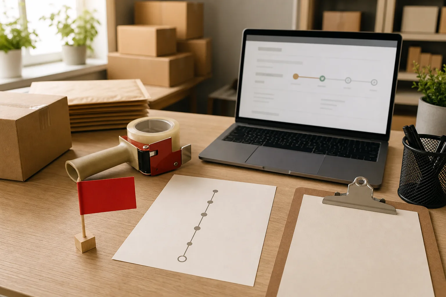 Ecommerce order-tracking desk with parcels, a shipping timeline card, and a laptop showing a blurred status page