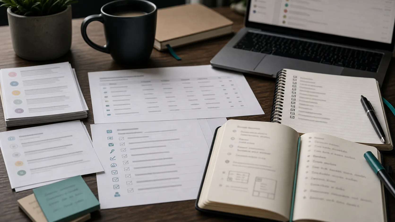 WooCommerce helpdesk plugin evaluation desk with plugin audit papers, support inbox cards, order records, and staging checklist