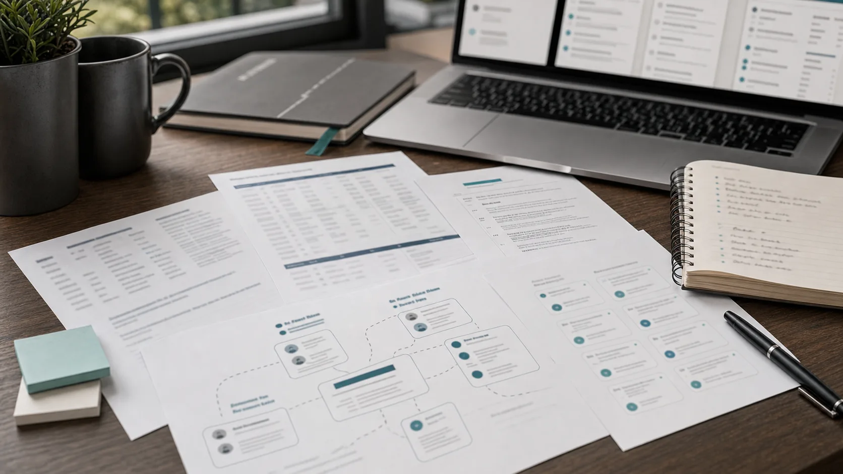 Ecommerce helpdesk migration planning desk with routing maps, order context cards, AI support notes, and vendor worksheets