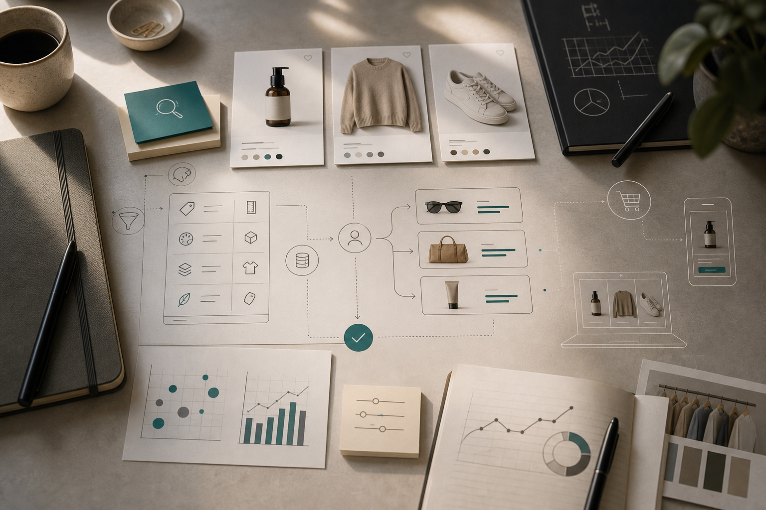 Premium ecommerce merchandising workspace with product cards, catalog rules, recommendation paths, inventory signals, measurement charts, and a human approval marker