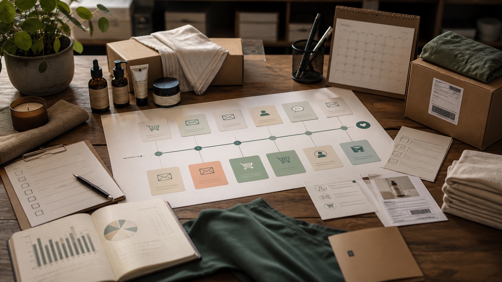 Ecommerce customer service software planning desk with customer lifecycle signals, order slips, return notes, and support routing