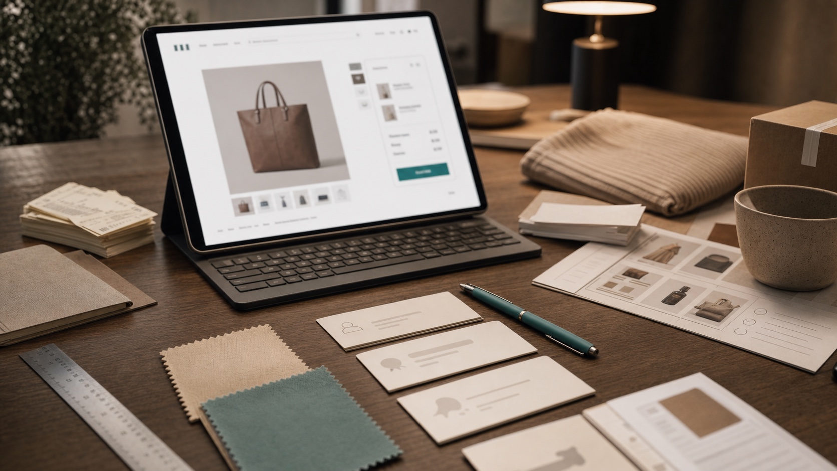 Shopify AI agent planning desk with product cards, order context, policy notes, and support handoff checks