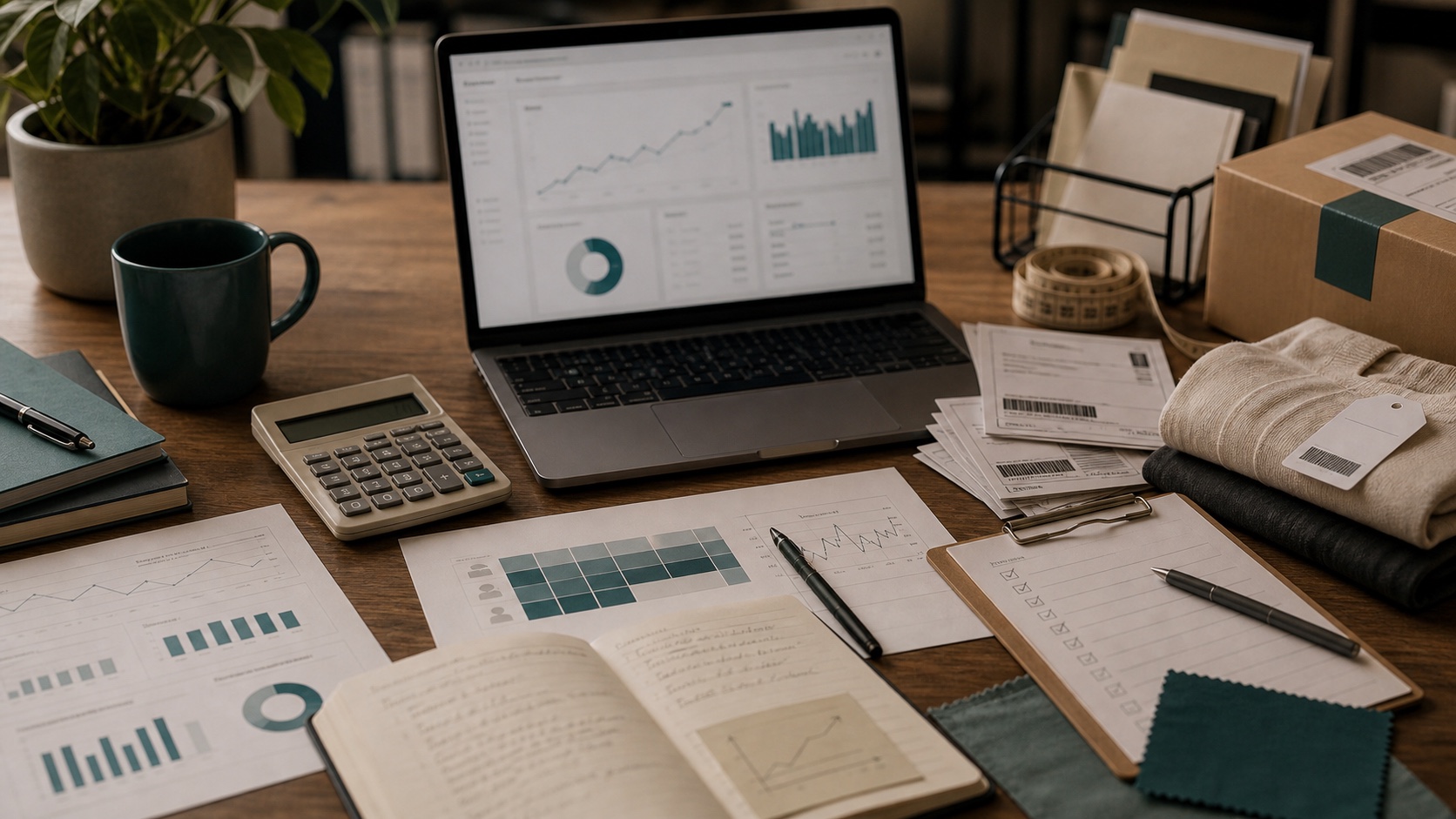 Ecommerce growth stack planning desk with ROI notes, measurement gates, channel checks, and AI workflow evaluation