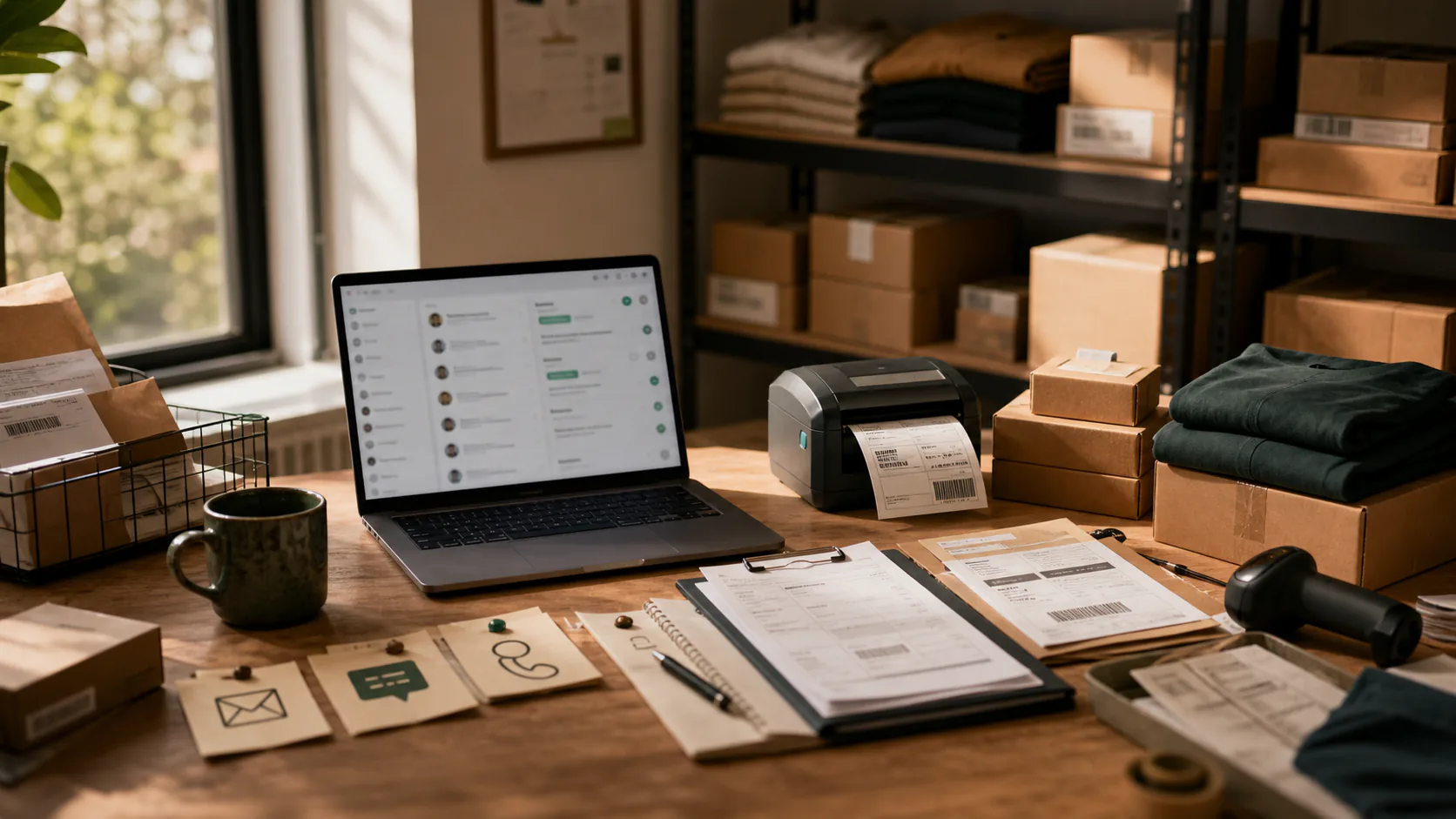 Editorial ecommerce helpdesk scene with parcels, notes, and support documents
