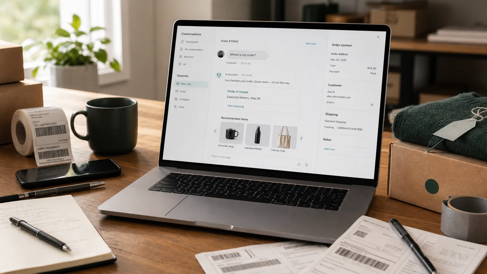 Editorial illustration of mobile ecommerce support messages connected to order tracking and handoff context