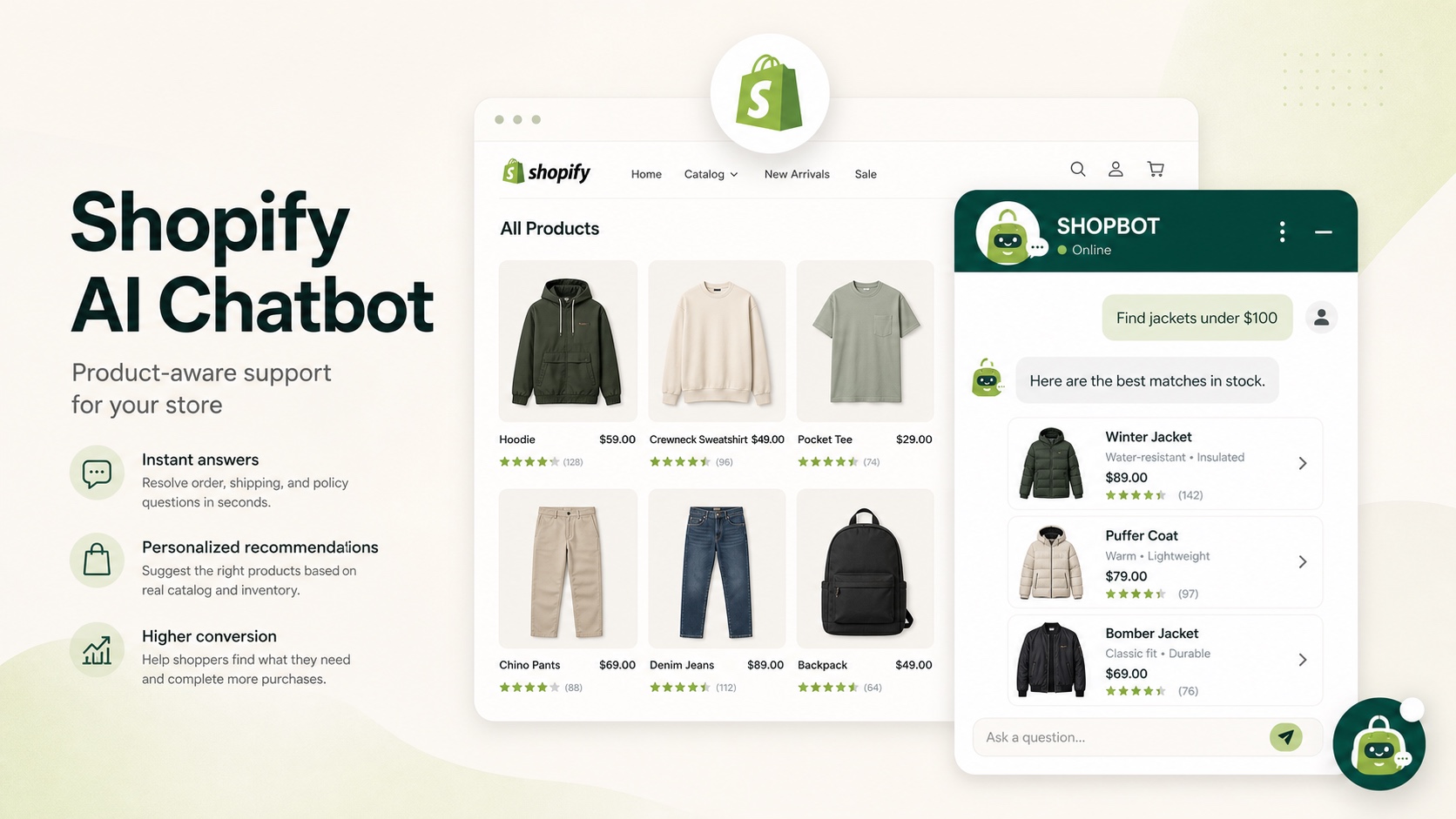 Shopify AI chatbot hero image showing SHOPBOT helping shoppers find products in a Shopify storefront