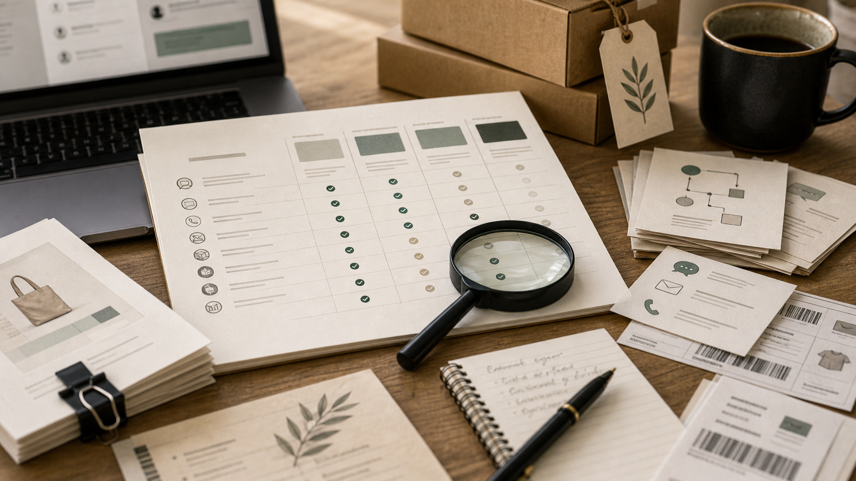 Editorial illustration of ecommerce AI support tool comparison materials, support channel cards, and evaluation table