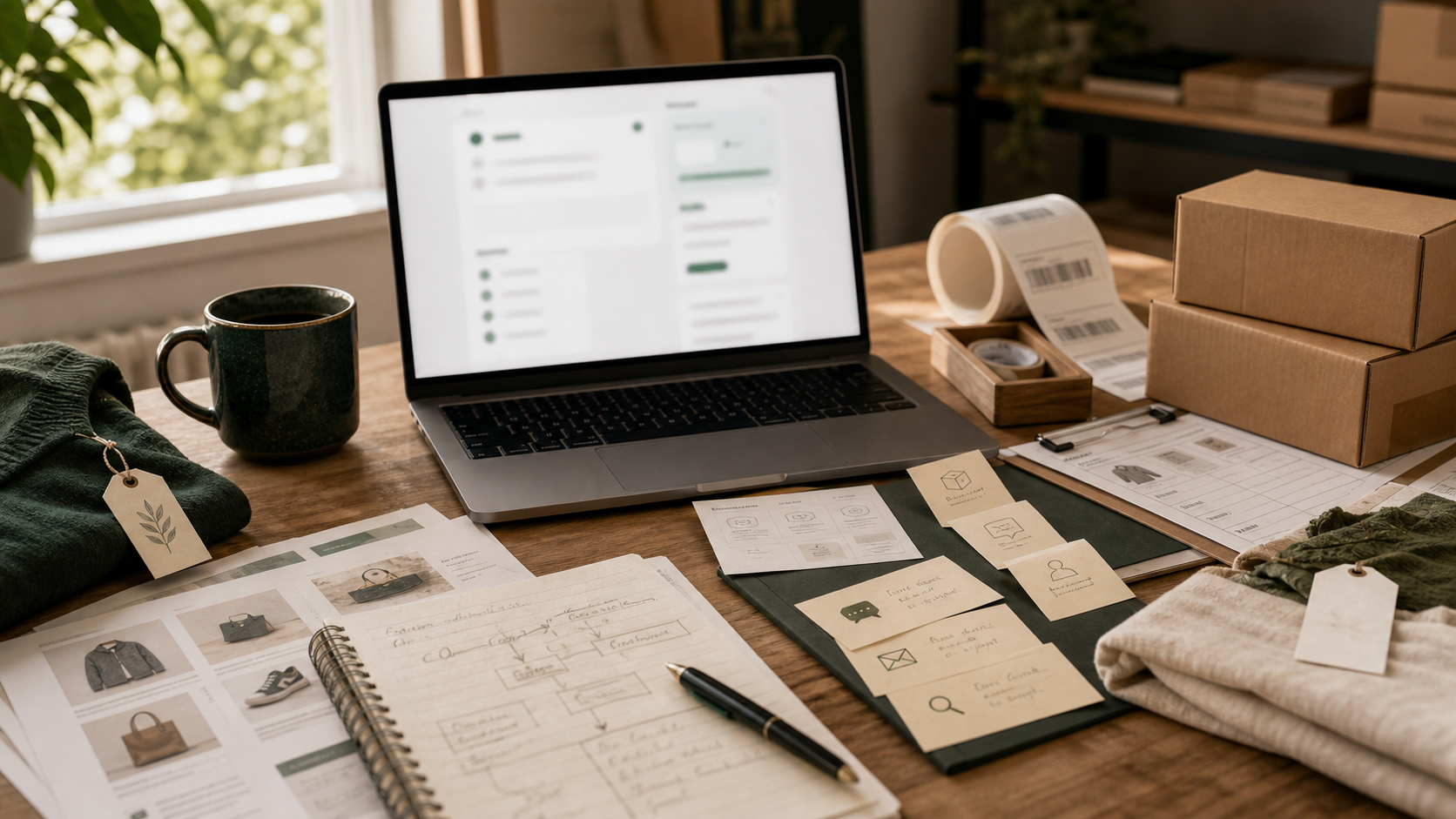 Editorial illustration of modular ecommerce AI tool blocks, store operations, support messages, and automation rules